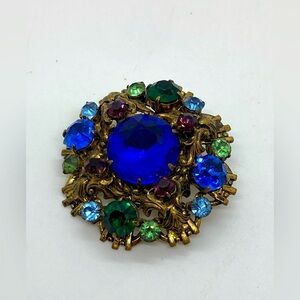 Vtg Czech Multi Colour Rhinestone Crystal Floral Gilt Metal Brooch | 1.4”